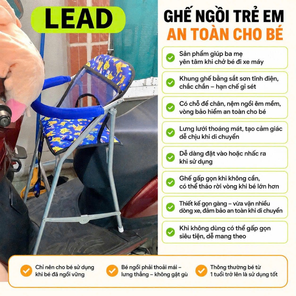 Ghê ngồi xe LEAD an toàn cho bé , ghế ga xếp sắt sơn tĩnh điện , xếp gọn được