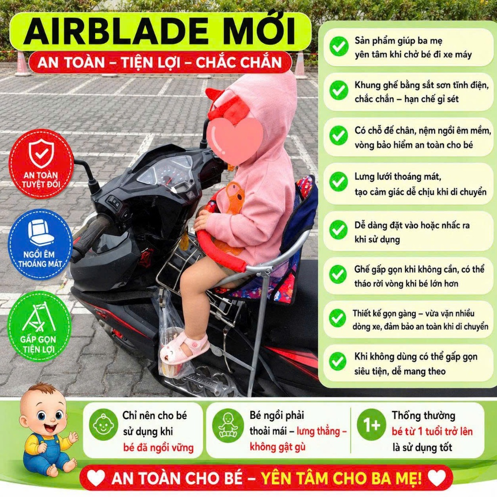 GHẾ GA XẾP GẤP GỌN XE AIRBLADE MỚI 2014 - 2024 AN TOÀN CHO BÉ