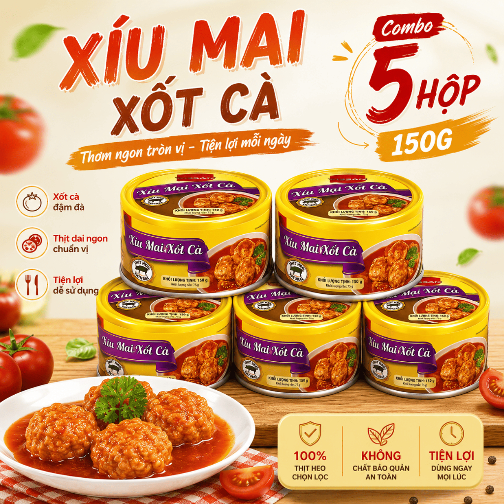 [Combo 5 Hộp] Xíu Mại Xốt Cà Vissan 150g Chính Hãng Date 2029, HSD 36 Tháng, Ăn Liền Tiện Lợi