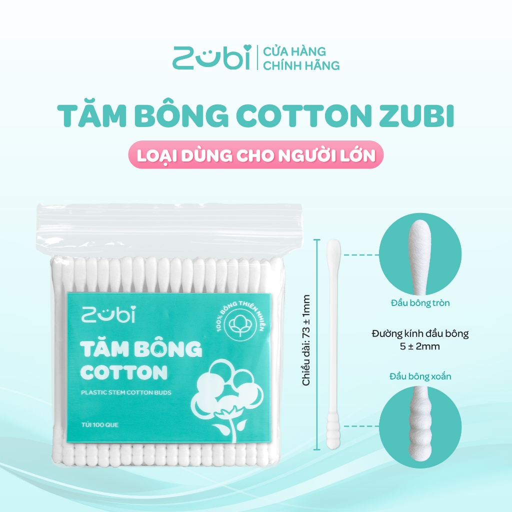Tăm Bông NGƯỜI LỚN Zubi 2 Đầu Xoắn Tròn 100% Bông Thiên Nhiên Dr.Papie (100c/Túi)