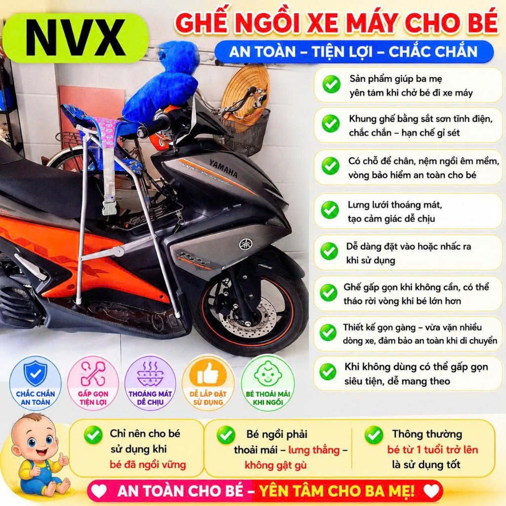 Ghế cho bé ngồi xe NVX , Ghế đi xe máy ,ghế ga xếp sắt sơn tĩnh điện gấp gọn ,  AN TOÀN