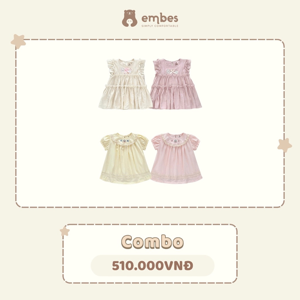 Váy Cho Bé Embes, Combo 2 Váy Viền Ren Hình Thêu Họa Tiết Chất Cotton Mềm Mại Cho Bé Size Từ 8-18kg