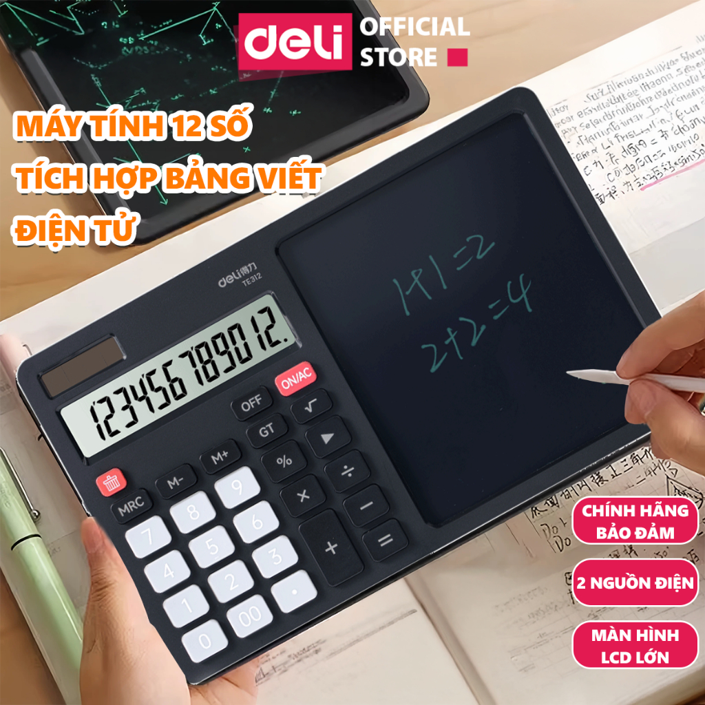 [🔥NEW ] Máy Tính Tích Hợp Bảng Viết Điện Tử LCD 12 Số Deli Tính Toán Ghi Chú Nhanh Chóng