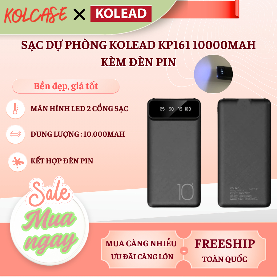 Sạc Dự Phòng KOLEAD KP161 10000mAh – Màn Hình LED Thông Minh, Đèn Pin Siêu Sáng, Nhỏ Gọn Tiện Lợi