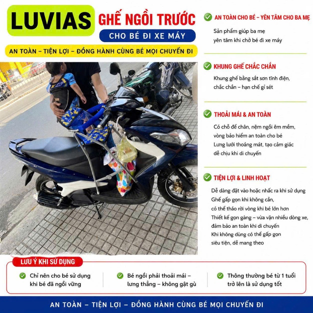 Ghế ngồi xe Vision - Mio - Click - Vario - Luvias - Janus cho bé ,Ghế ga xếp sắt sơn tĩnh điện gấp gọn  , AN TOÀN CHO BÉ