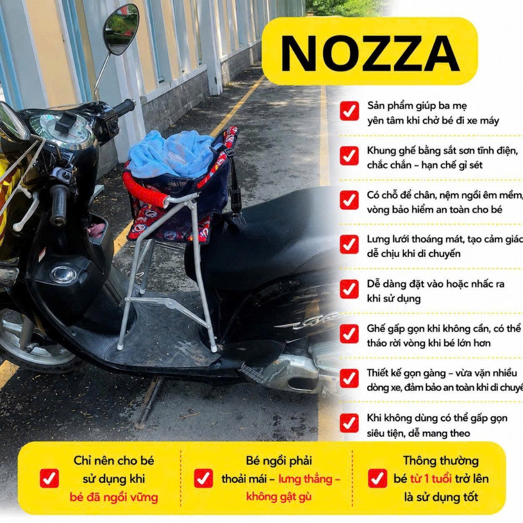 Ghế ngồi xe ATILA MỚI - ELIZABETH  - NOZZA cho bé , Ghế ga xếp sắt sơn tĩnh điện xám , AN TOÀN CHO BÉ