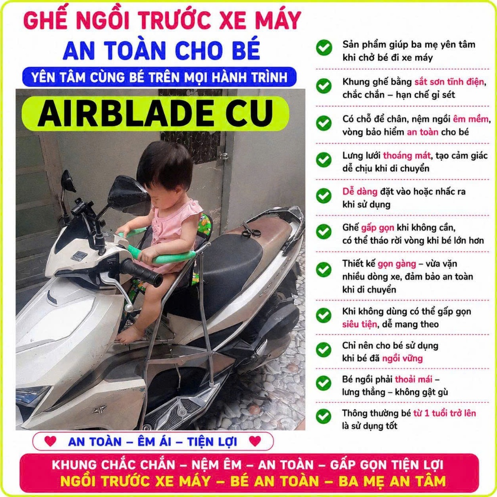 Ghế ngồi xe Airblade cũ 2013 trở xuống có dây đai an toàn ,,ghế ga xếp sắt sơn tĩnh điện gấp gọn , AN TOÀN CHO BÉ