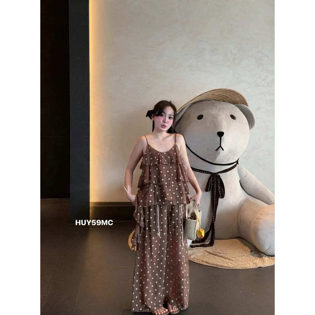 Đồ Bộ Nữ Set Áo 2 Dây Tầng Quần Dài Suông Vải Đũi Chấm Bi Hách Dáng Phong Cách Hàn Quốc HCOM27686
