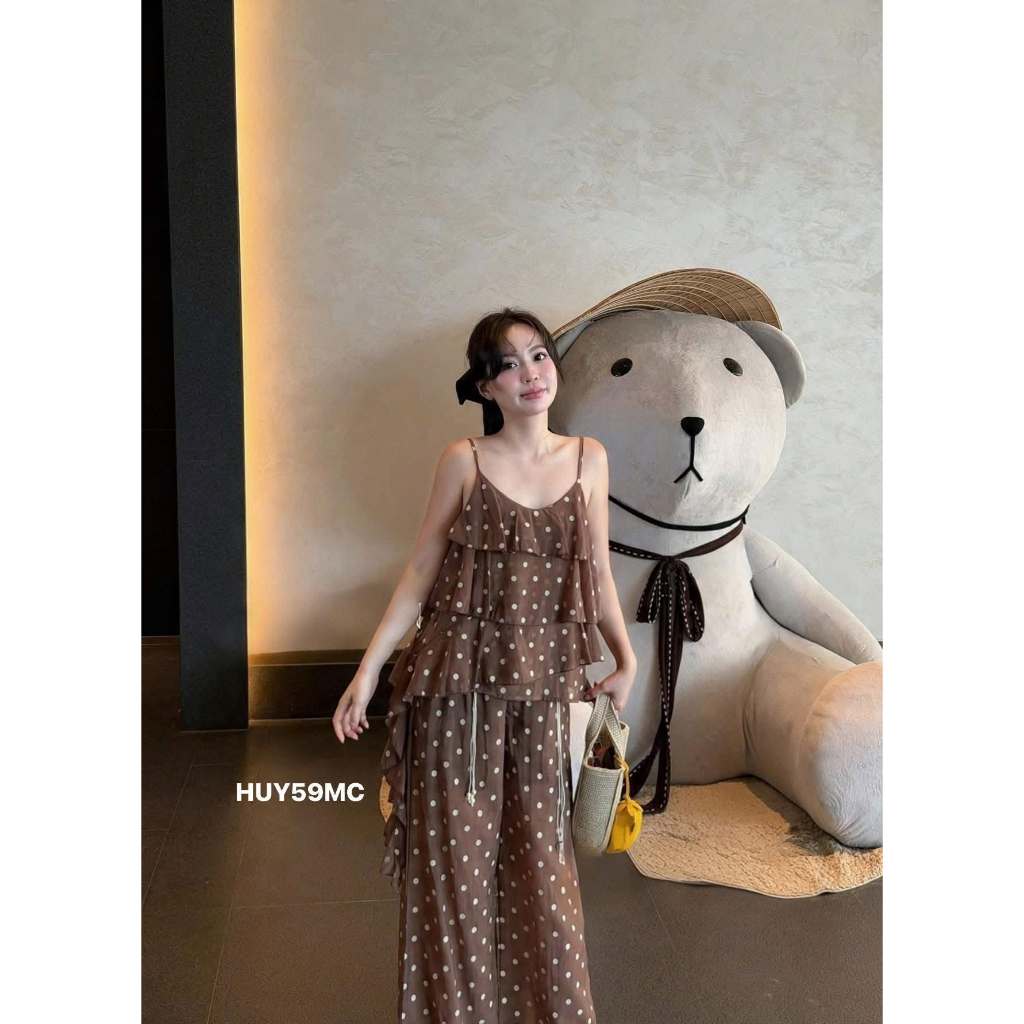 Đồ Bộ Nữ Set Áo 2 Dây Tầng Quần Dài Suông Vải Đũi Chấm Bi Hách Dáng Phong Cách Hàn Quốc HCOM27686
