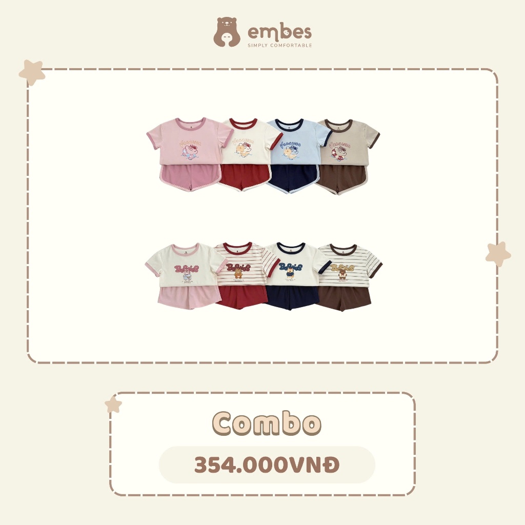 Bộ Cộc Cho Bé Embes, Combo 2 Bộ Cộc Tay Phối Màu Chất Cotton Mềm Mại Cho Bé Trai Bé Gái Từ 8-18kg
