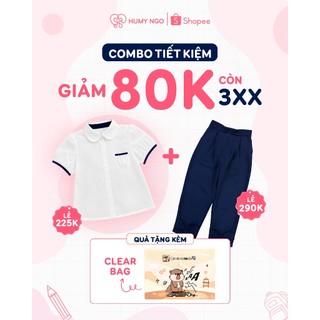 [Combo TIẾT KIỆM] Áo sơ mi trắng cổ sen tay bồng mềm mát và quần baggy xanh than HUMY NGO đồng phục cho bé gái 11-48kg