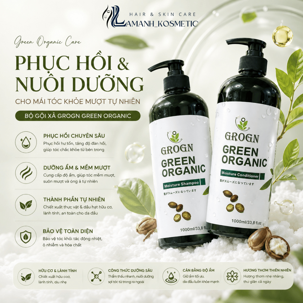 Cặp Dầu Gội Xả GREEN ORGANIC 500ml/1000ml | Hỗ Trợ Sạch Gàu, Giảm Dầu Bết, Dưỡng Tóc Mềm Mượt.