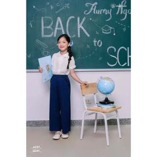 [HÀNG MỚI VỀ]Set đi học bé gái 18-45kg HUMY NGO_Áo sơ mi trắng cổ sen tay bồng nhẹ mát & quần dài suông lưng thun co dãn