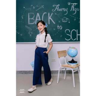 [HÀNG MỚI VỀ]Set đi học bé gái 18-45kg HUMY NGO_Áo sơ mi trắng cổ sen tay bồng nhẹ mát & quần dài suông lưng thun co dãn