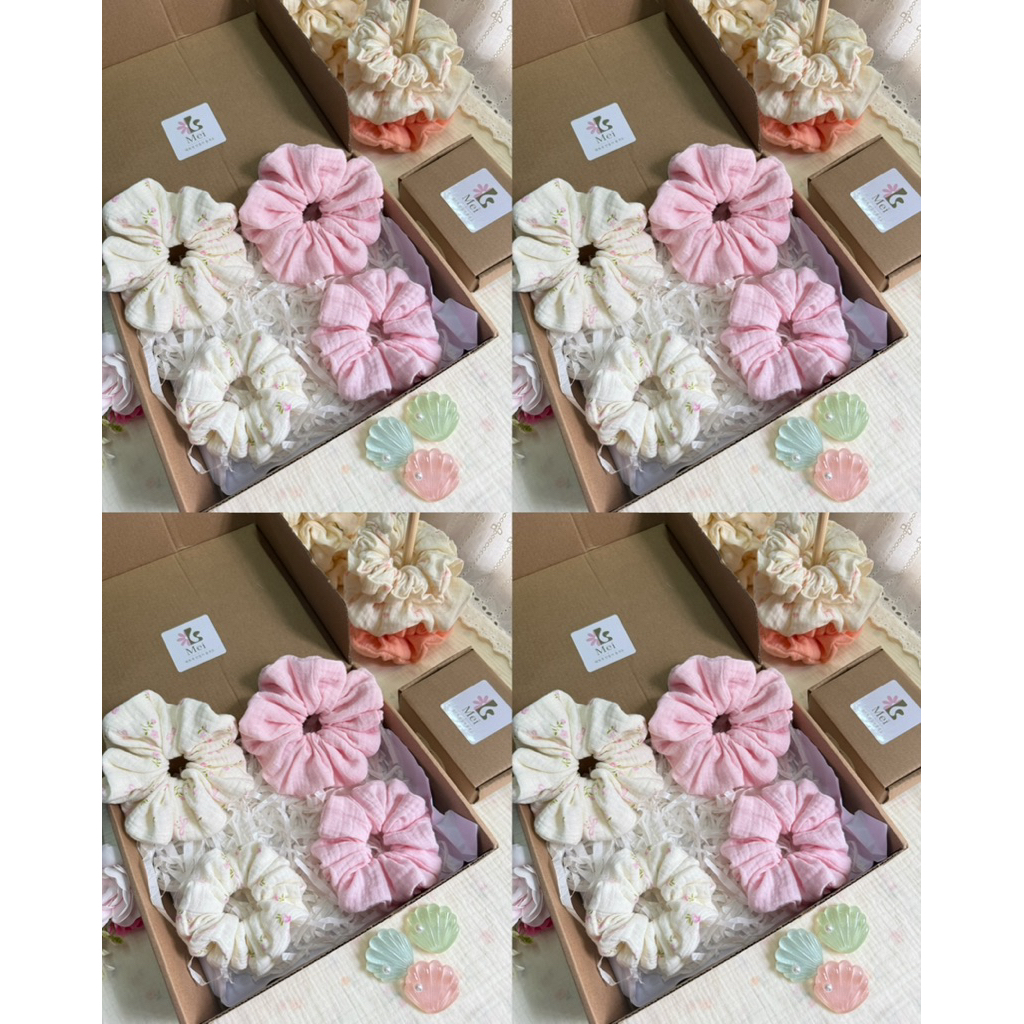 Scrunchies Set Cột Tóc Vải Xô Muslin hoa nhỏ và hồng trơn🌷