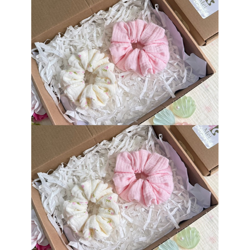 Scrunchies Set Cột Tóc Vải Xô Muslin hoa nhỏ và hồng trơn🌷
