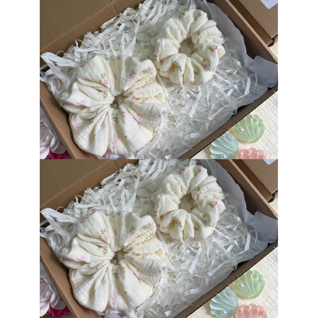 Scrunchies Set Cột Tóc Vải Xô Muslin hoa nhỏ và hồng trơn🌷
