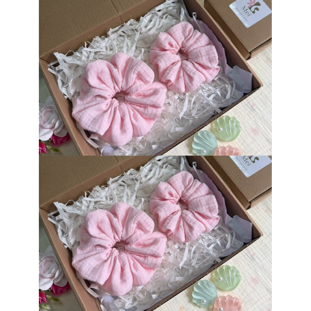 Scrunchies Set Cột Tóc Vải Xô Muslin hoa nhỏ và hồng trơn🌷