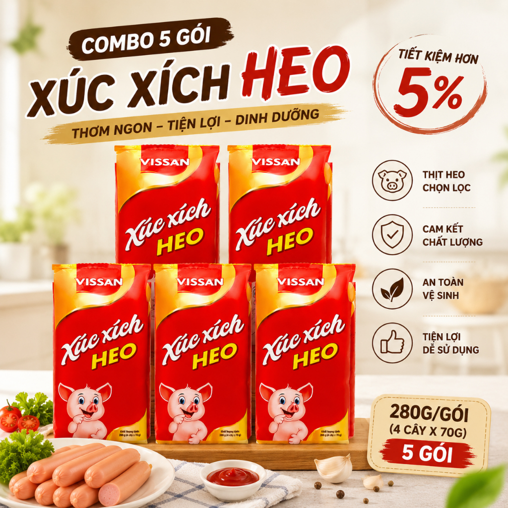 [Combo 5 gói] Xúc Xích Vissan Heo Ăn Liền Cây Lớn 70g – Gói 4 Cây (280g) Tiện Lợi