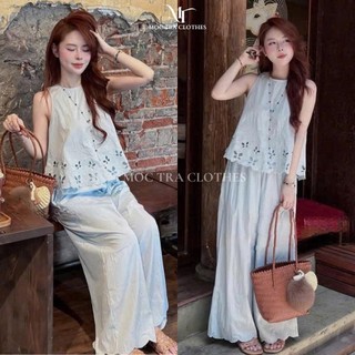 Set bộ sát nách xanh Loại 1 thiết kế thêu viền bướm siêu xinh, Set đồ nữ đi biển vintage trẻ trung