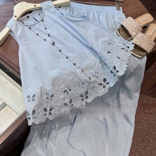 Set bộ sát nách xanh Loại 1 thiết kế thêu viền bướm siêu xinh, Set đồ nữ đi biển vintage trẻ trung