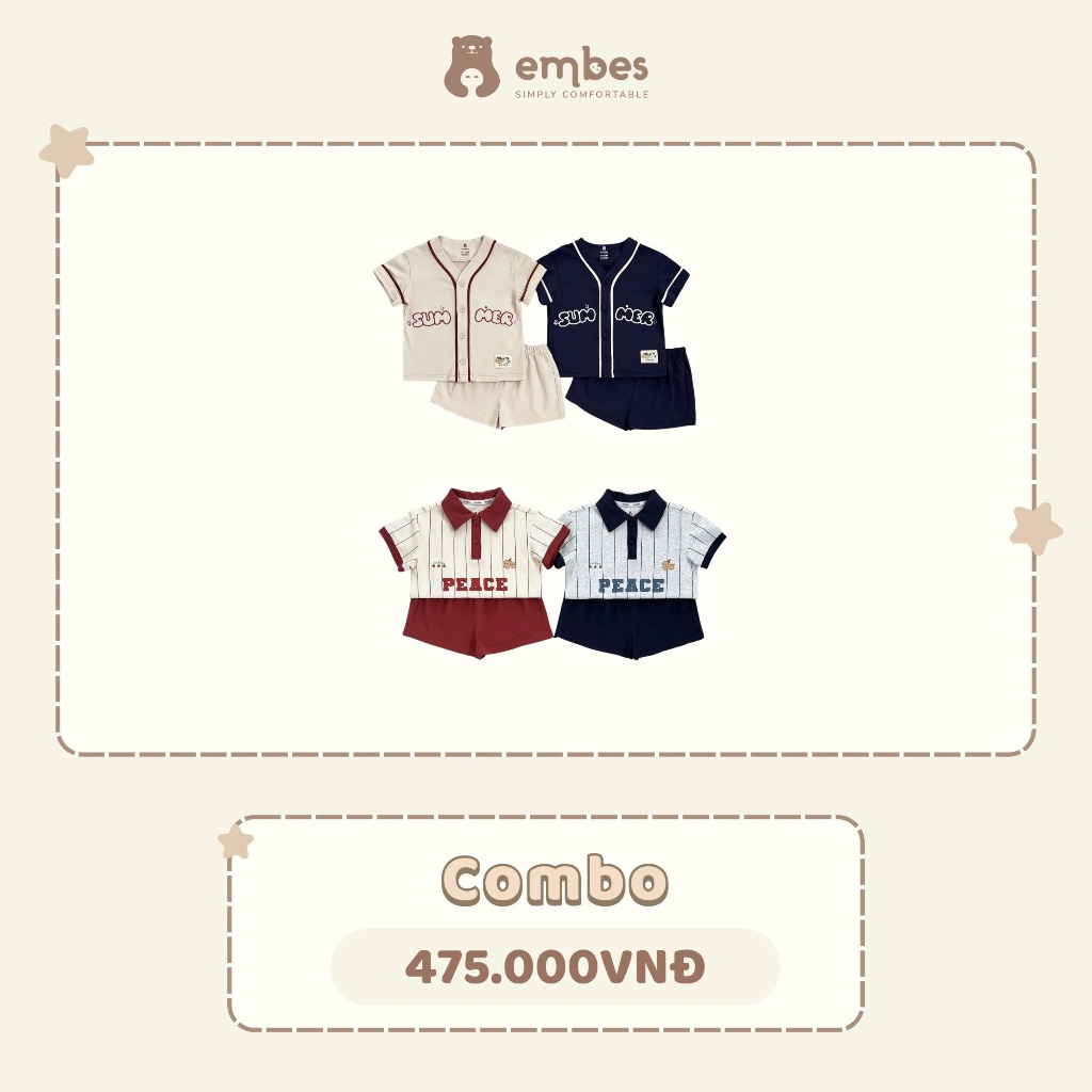 Bộ Cộc Cho Bé Embes, Combo 2 Bộ Cộc Tay Summer  Thể Thao Chất Cotton Mềm Mại Cho Bé Trai Từ 8-18kg