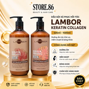 Combo Dầu Gội Xả LAMBOR Keratin Collagen 500ml - 1000ml | Dưỡng Ẩm Tóc Khô Xơ, Mềm Mượt & Bóng Khỏe