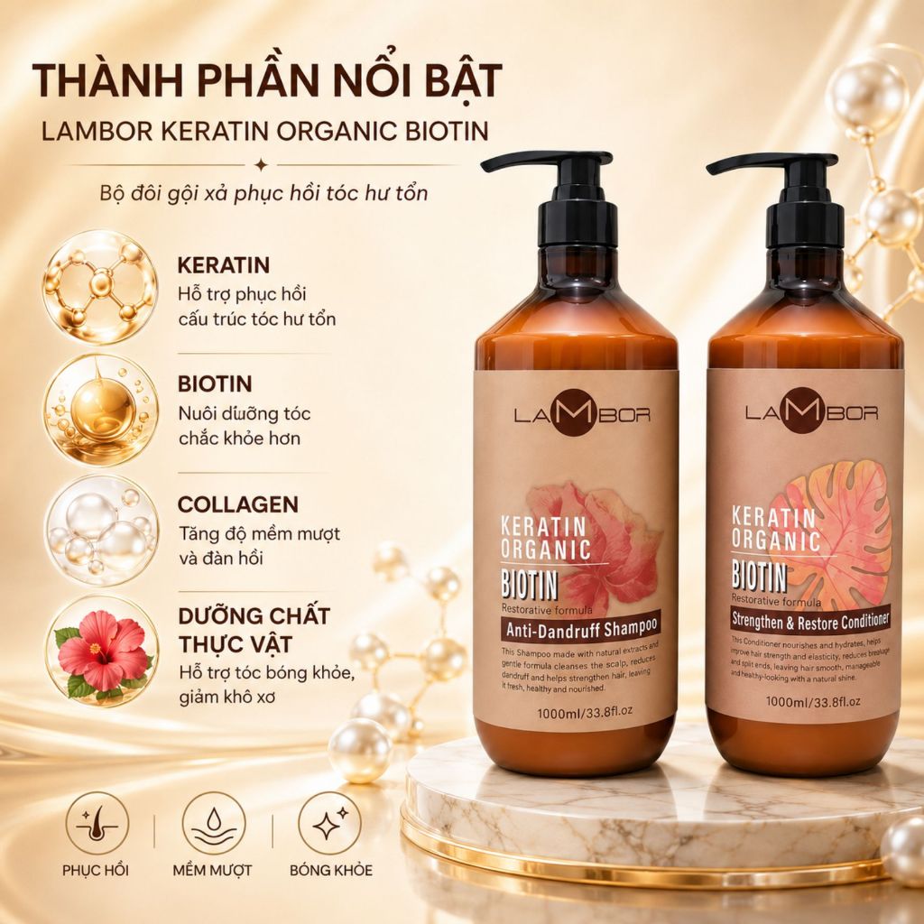 Combo Dầu Gội Xả LAMBOR Keratin Collagen 500ml - 1000ml | Dưỡng Ẩm Tóc Khô Xơ, Mềm Mượt & Bóng Khỏe