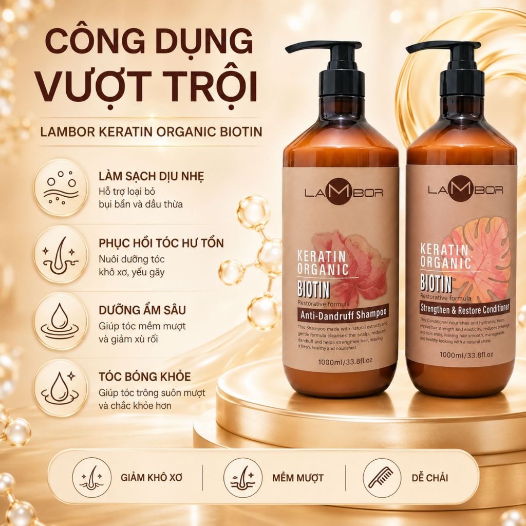 Combo Dầu Gội Xả LAMBOR Keratin Collagen 500ml - 1000ml | Dưỡng Ẩm Tóc Khô Xơ, Mềm Mượt & Bóng Khỏe