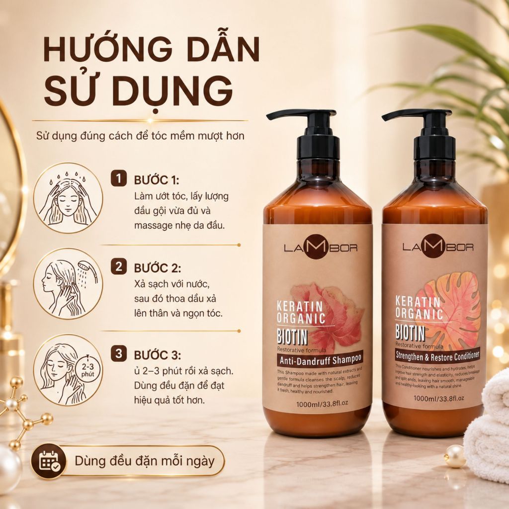 Combo Dầu Gội Xả LAMBOR Keratin Collagen 500ml - 1000ml | Dưỡng Ẩm Tóc Khô Xơ, Mềm Mượt & Bóng Khỏe