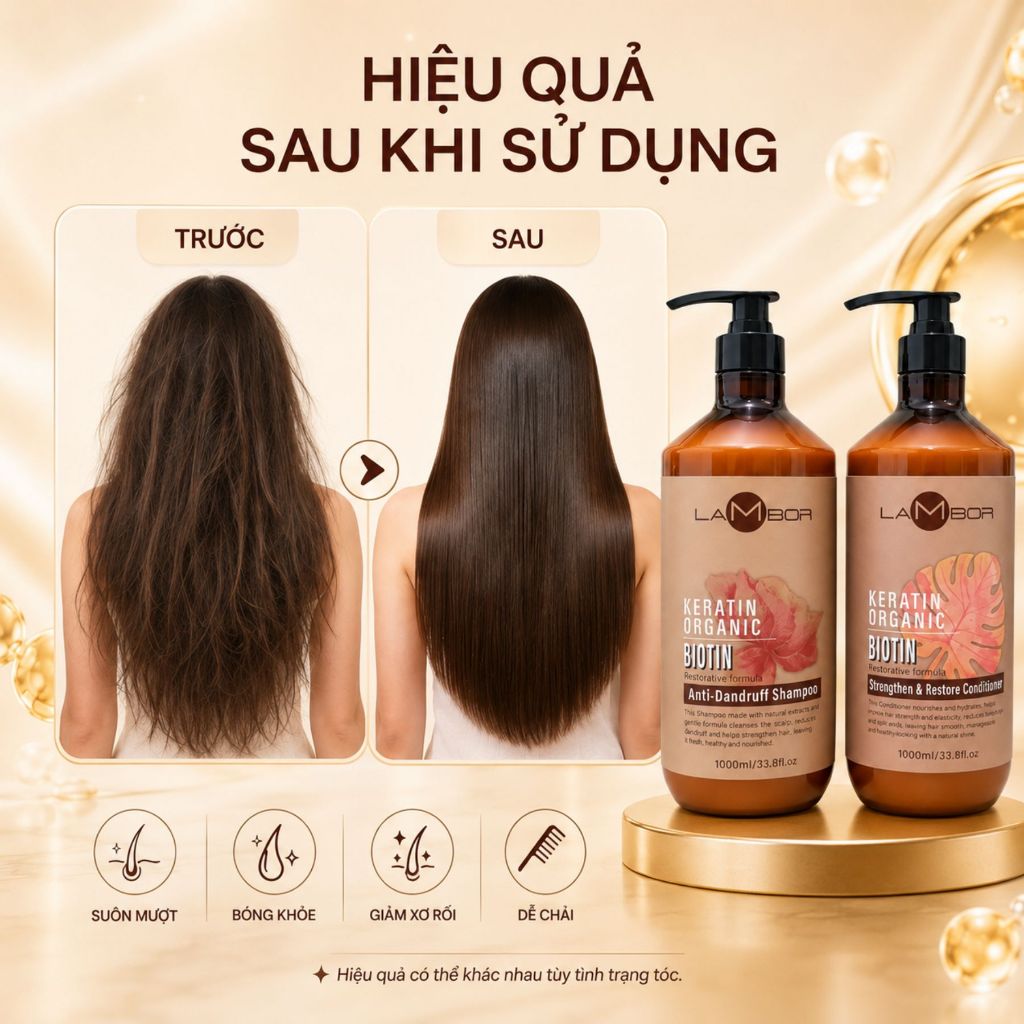 Combo Dầu Gội Xả LAMBOR Keratin Collagen 500ml - 1000ml | Dưỡng Ẩm Tóc Khô Xơ, Mềm Mượt & Bóng Khỏe