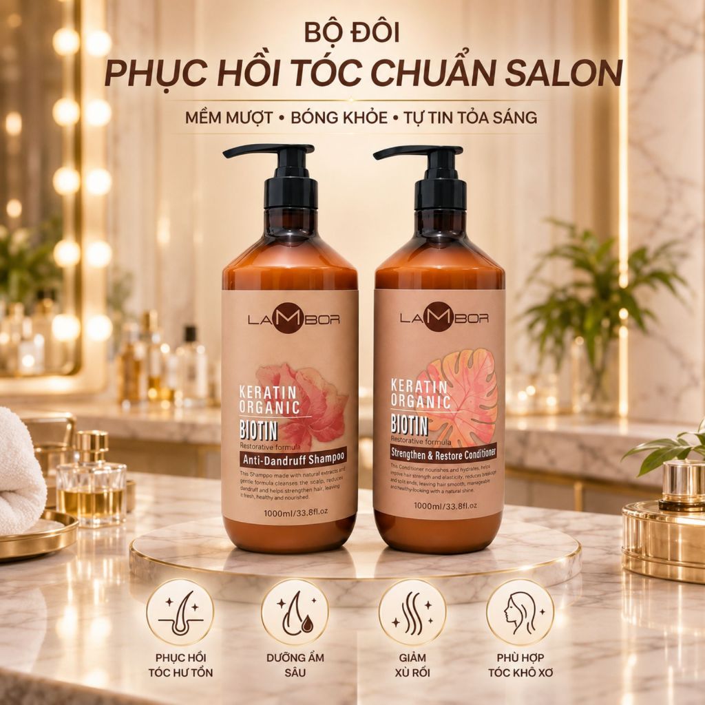 Combo Dầu Gội Xả LAMBOR Keratin Collagen 500ml - 1000ml | Dưỡng Ẩm Tóc Khô Xơ, Mềm Mượt & Bóng Khỏe
