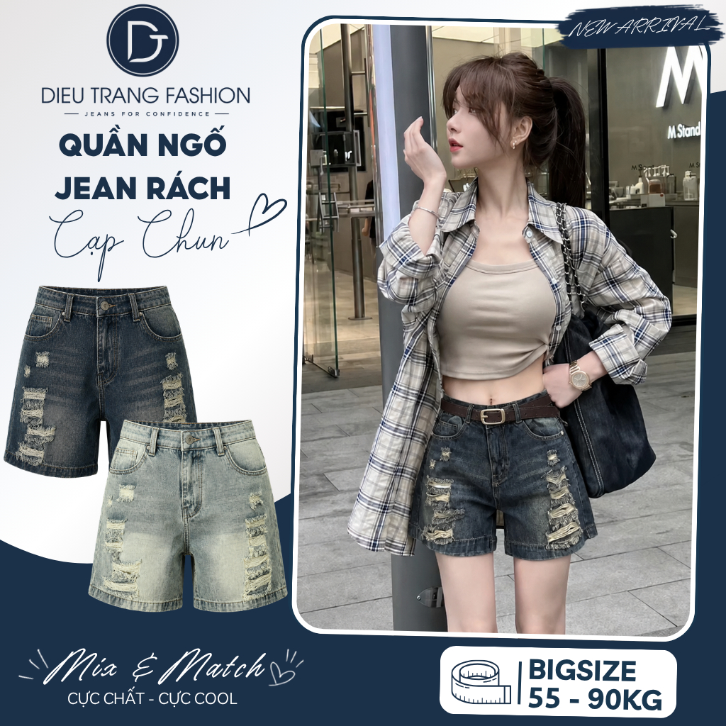 Quần Ngố Jean Rách Cạp Chun Lưng Cao Form Rộng Cá Tính Big Size 55-90Kg QC60 Diệu Trang Fashion