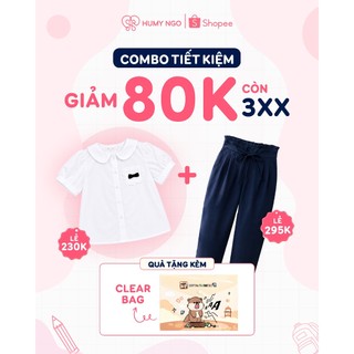[BÁN CHẠY] Set đi học bé gái HUMY NGO áo sơ mi trắng basic mix quần baggy xanh than lưng thun co dãn, thấm hút mồ hôi