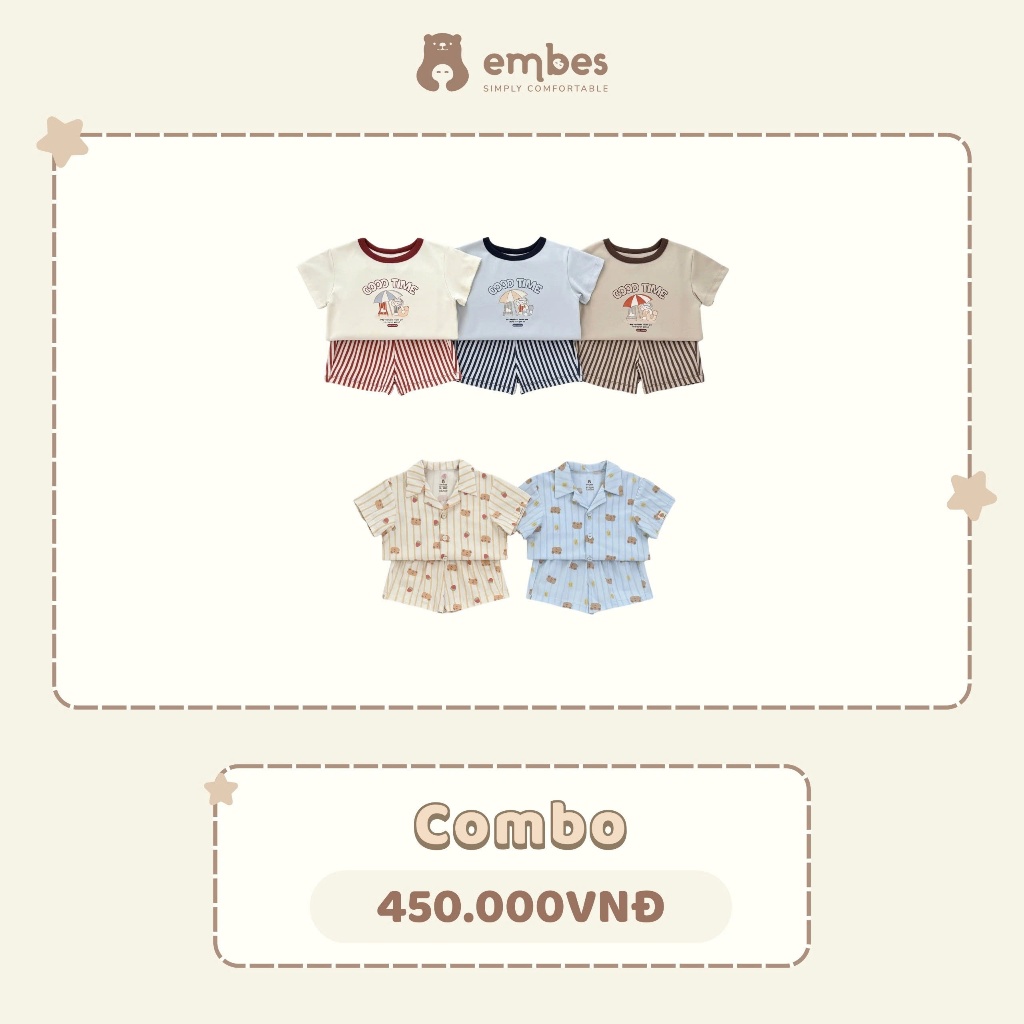 Bộ Cộc Cho Bé Embes, Combo 2 Bộ Cộc Tay Đi Biển Chất Cotton Mềm Mại Cho Bé Trai Bé Gái Từ 8-18kg
