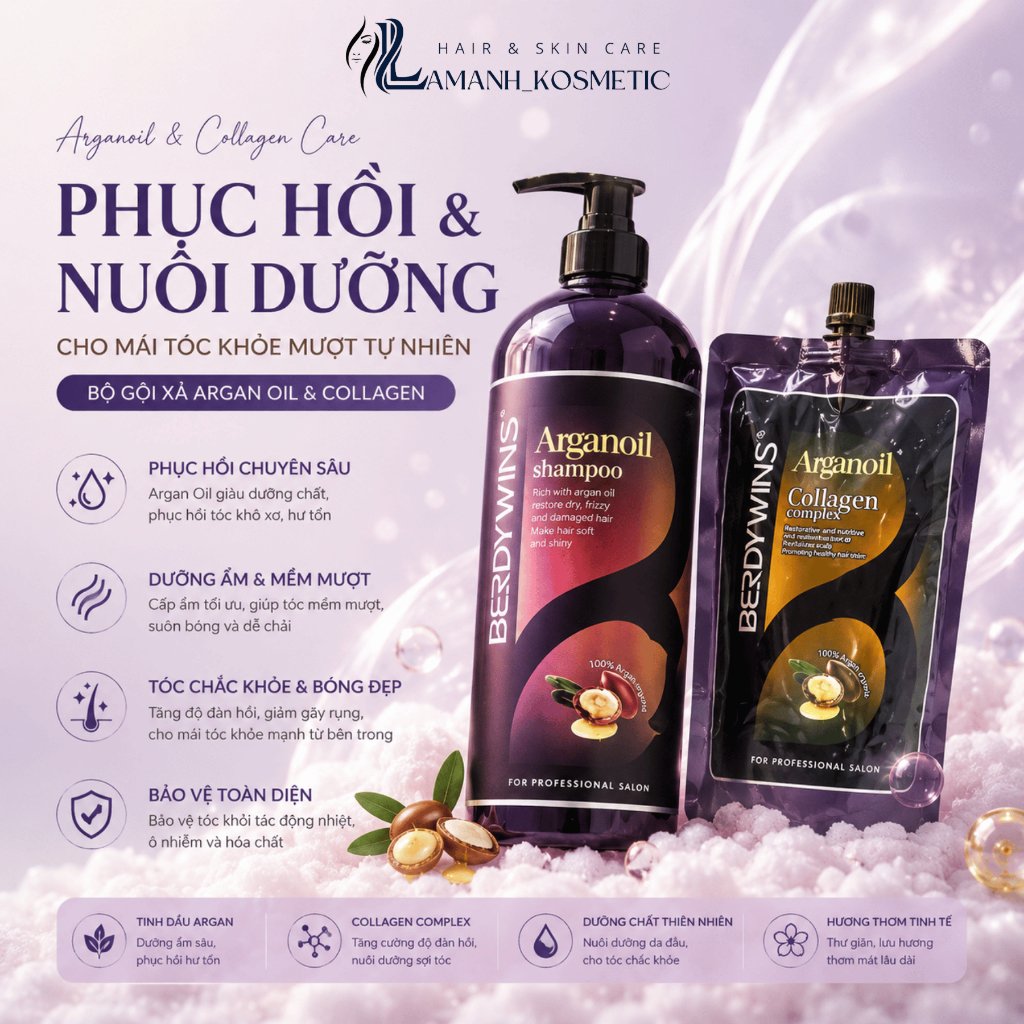 Combo Dầu Gội Xả / Kem Ủ Tóc Berdywin Arganoil 1000ml | Dưỡng Tóc Mềm Mượt, Hỗ Trợ Phục Hồi Tóc Khô Xơ.