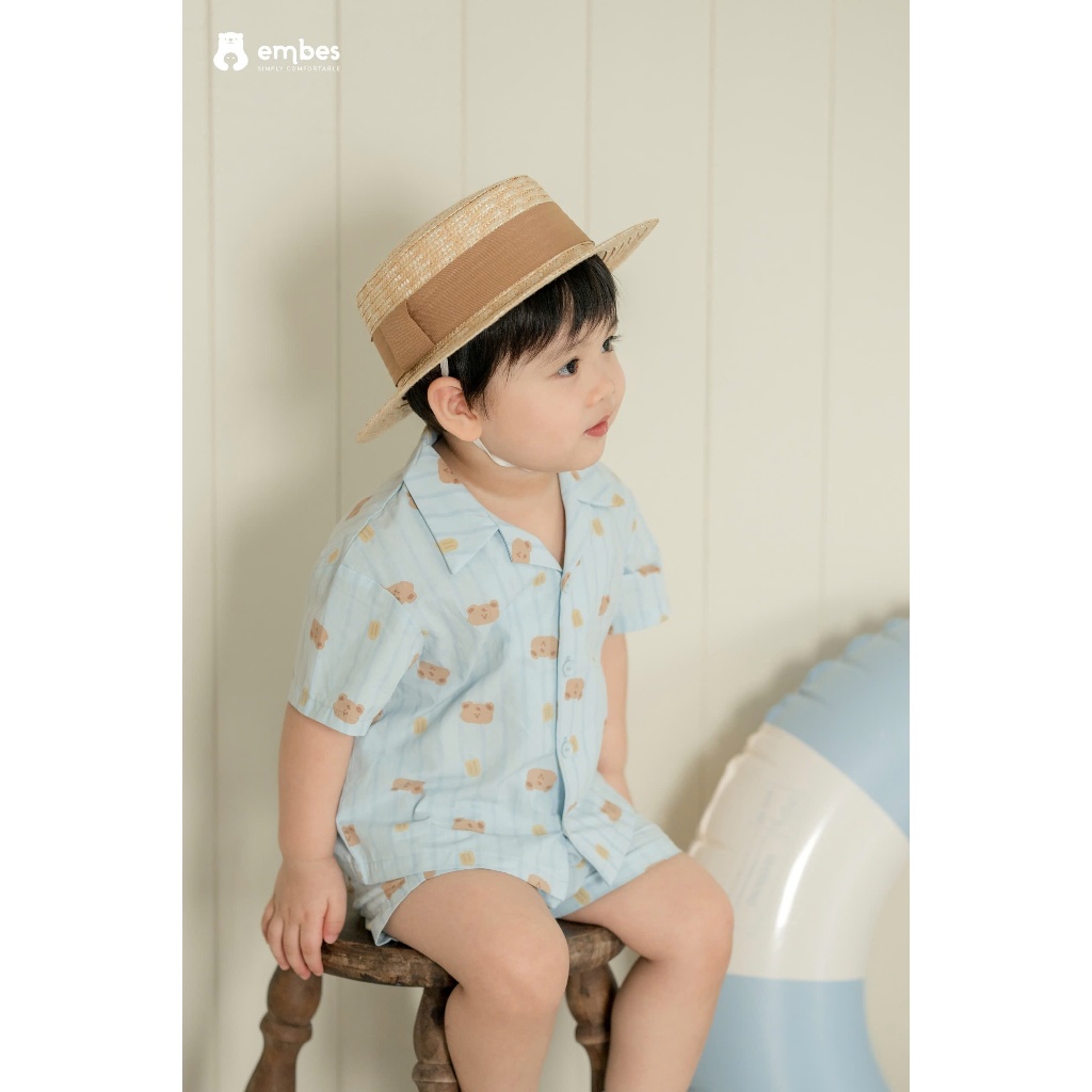 Bộ Cộc Cho Bé Embes, Combo 2 Bộ Cộc Tay Đi Biển Chất Cotton Mềm Mại Cho Bé Trai Bé Gái Từ 8-18kg
