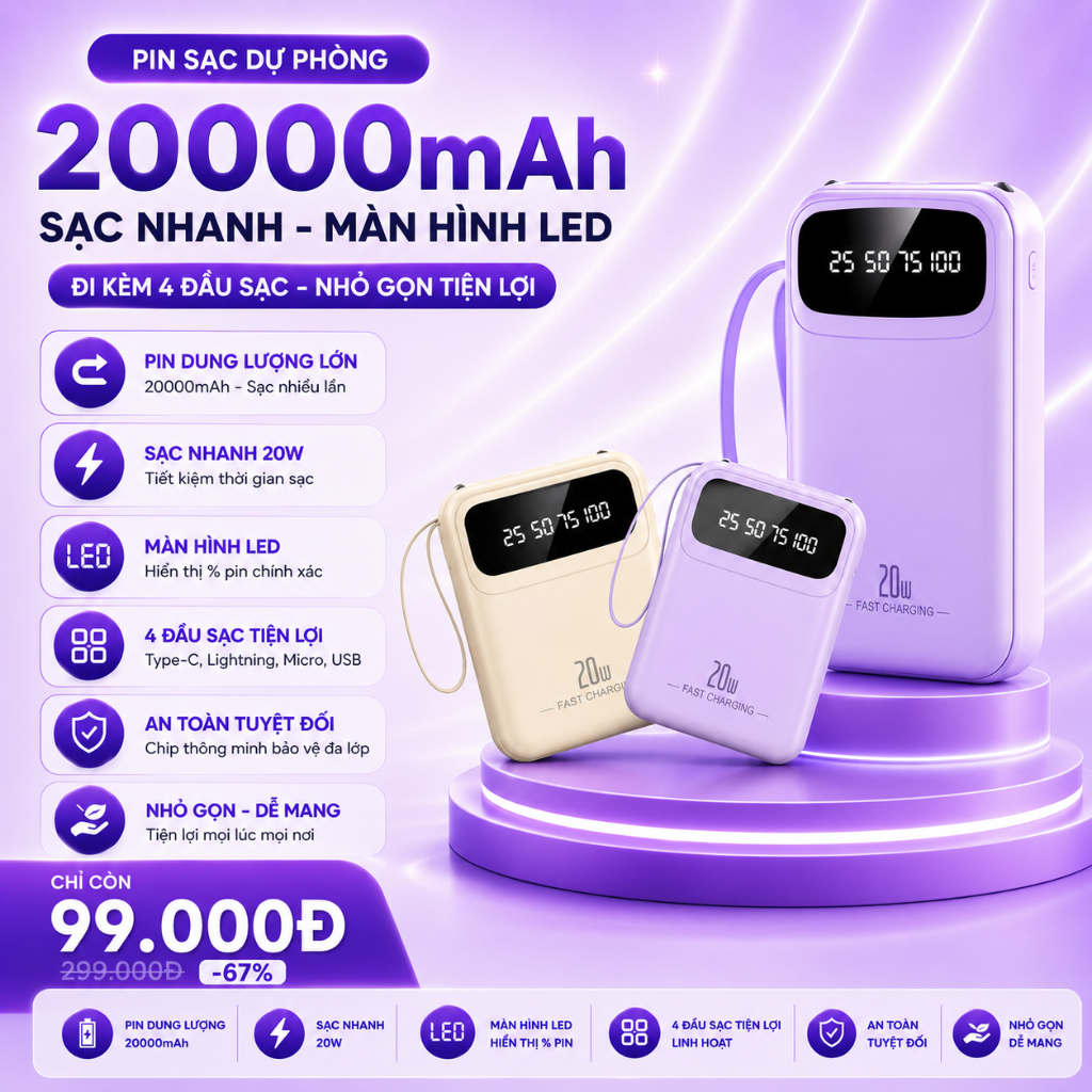 Pin Dự Phòng Mini 20000mAh - Sạc Nhanh, Nhỏ Gọn Tiện Lợi Cho Điện Thoại