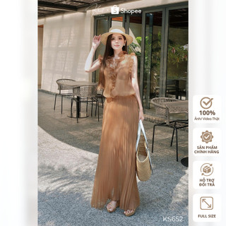 Set đầm dài maxi cổ viền bèo phối chân váy dập ly bay bổng có kèm bra phong cách nữ tính KS652