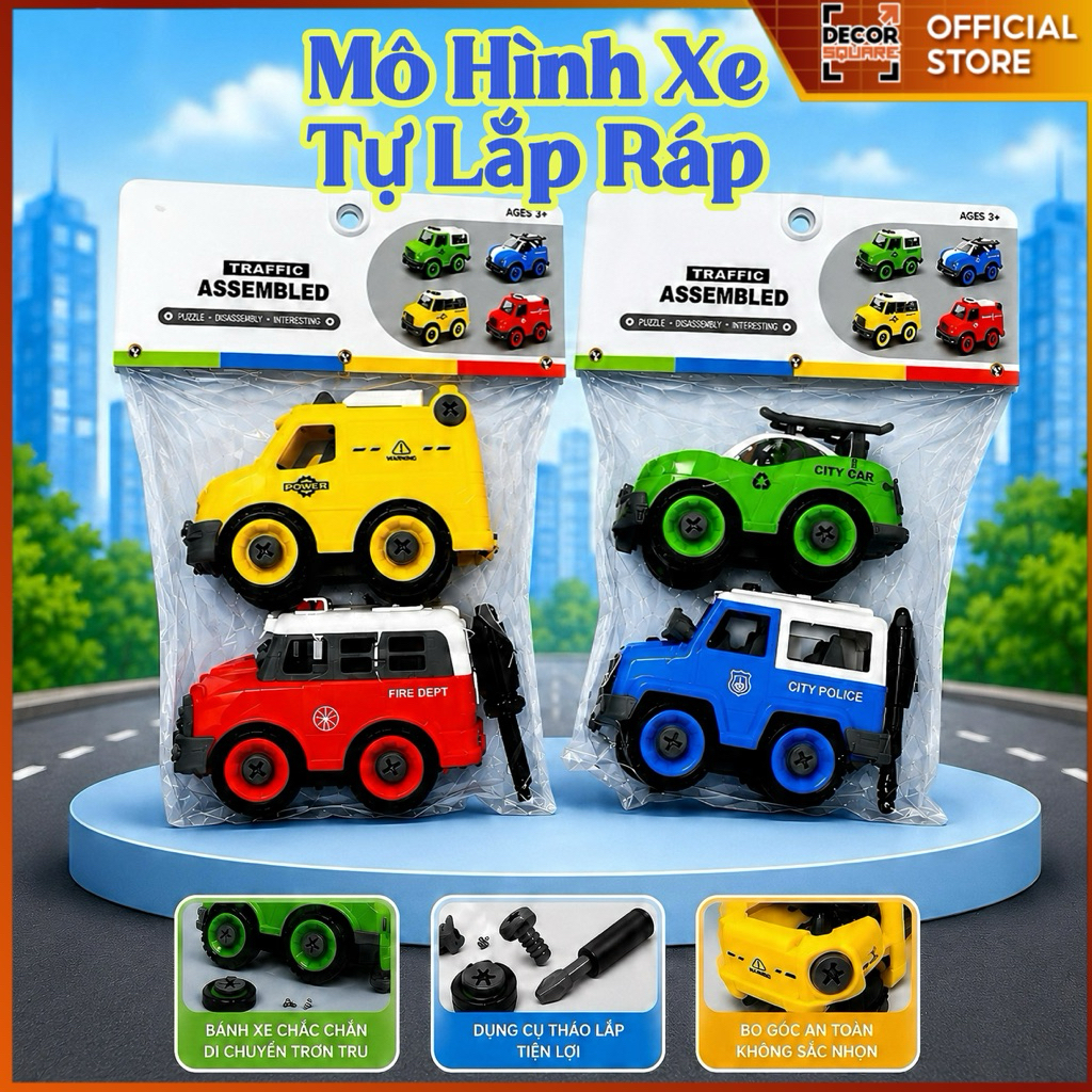 Bộ Đồ Chơi Xe Lắp Ráp DIY Cho Bé DecorSquare - 4 Xe Cứu Hỏa Cảnh Sát, Thành Phố, Kèm Tua Vít STEM