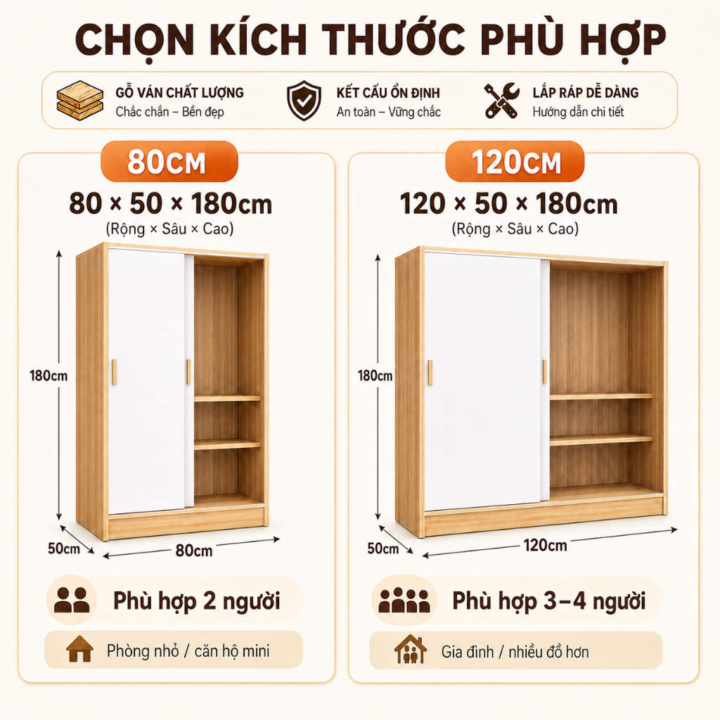 CONOCO Tủ Quần Áo Gỗ Cửa Lùa Hiện Đại Thiết Kế Nhiều Ngăn Thanh Treo Chịu Lực Tiết Kiệm Không Gian Phòng Ngủ