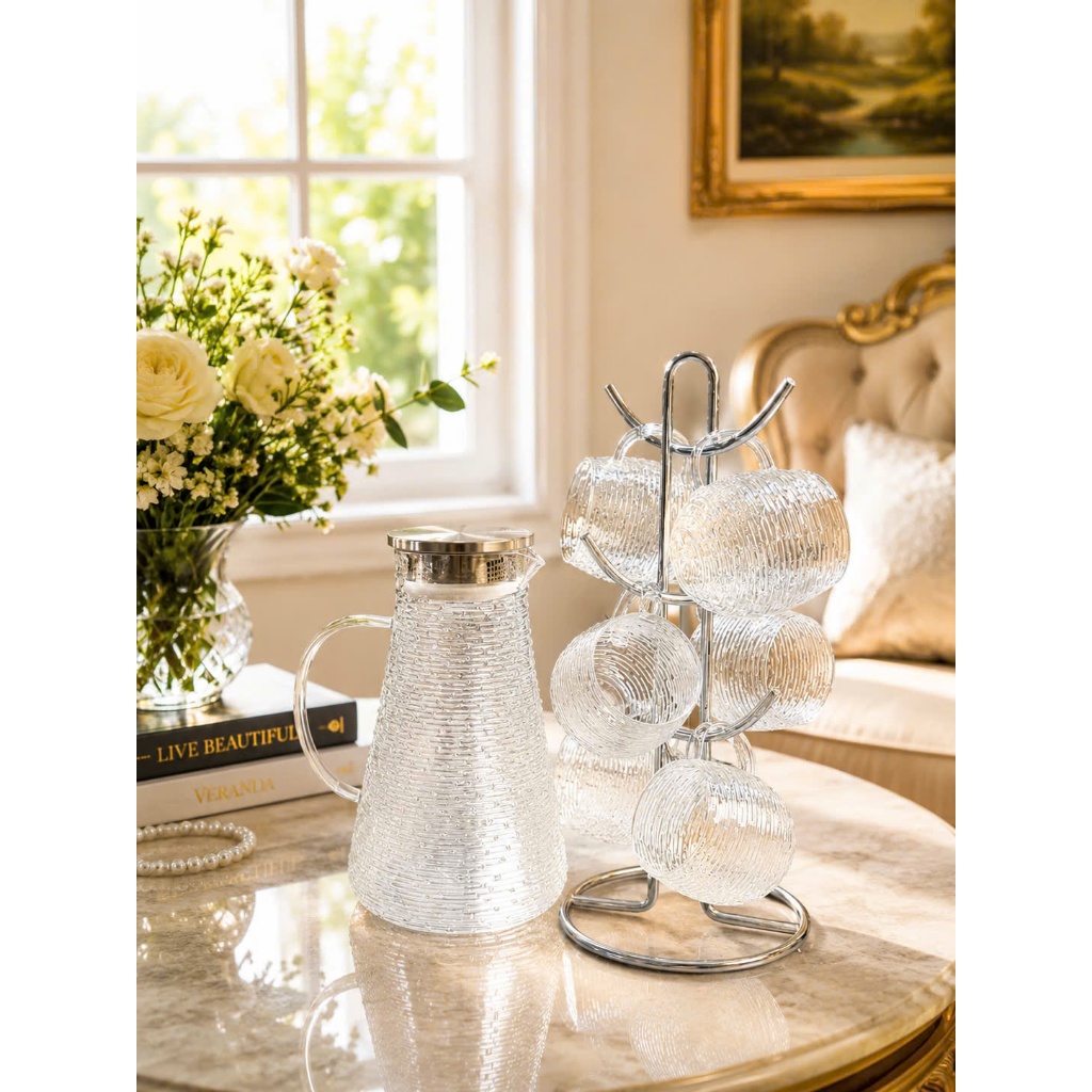 Bộ Thủy Tinh 6 Cốc Có Quai 350ml Dáng Bầu Vân Ngang Crista Home Cao Cấp - 60278