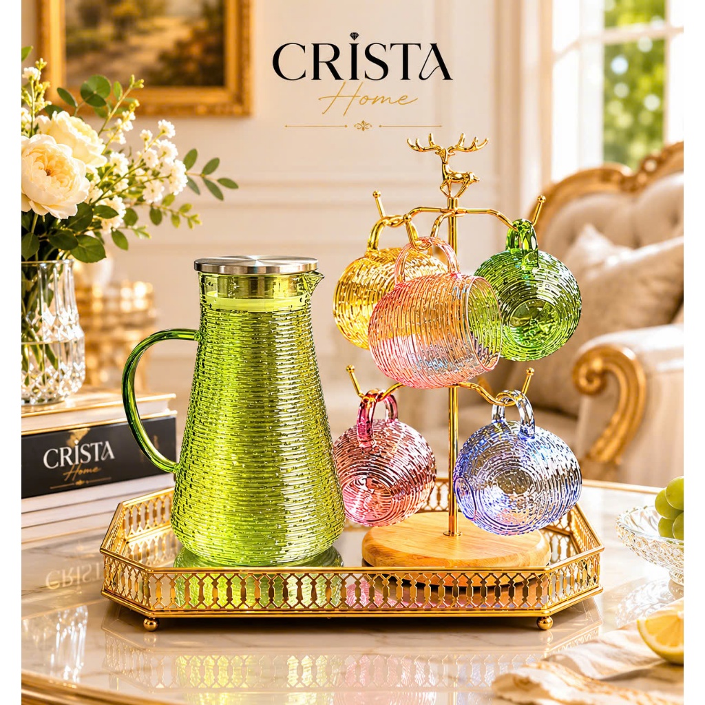 Bộ Thủy Tinh 6 Cốc Có Quai 350ml Dáng Bầu Vân Ngang Crista Home Cao Cấp - 60278