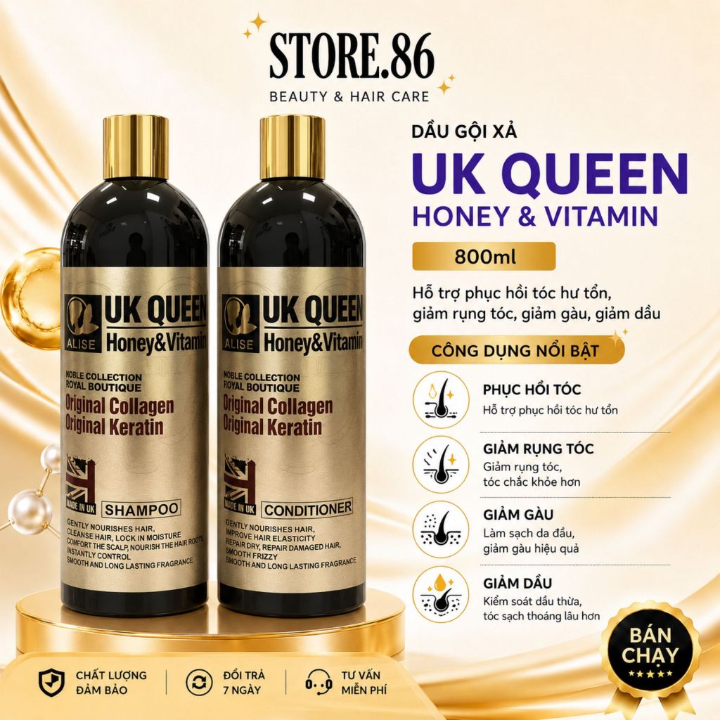 Combo Gội Xả UK QUEEN Honey & Vitamin 800ml | Sạch Thoáng Da Đầu, Tóc Mềm Mượt & Bóng Khỏe