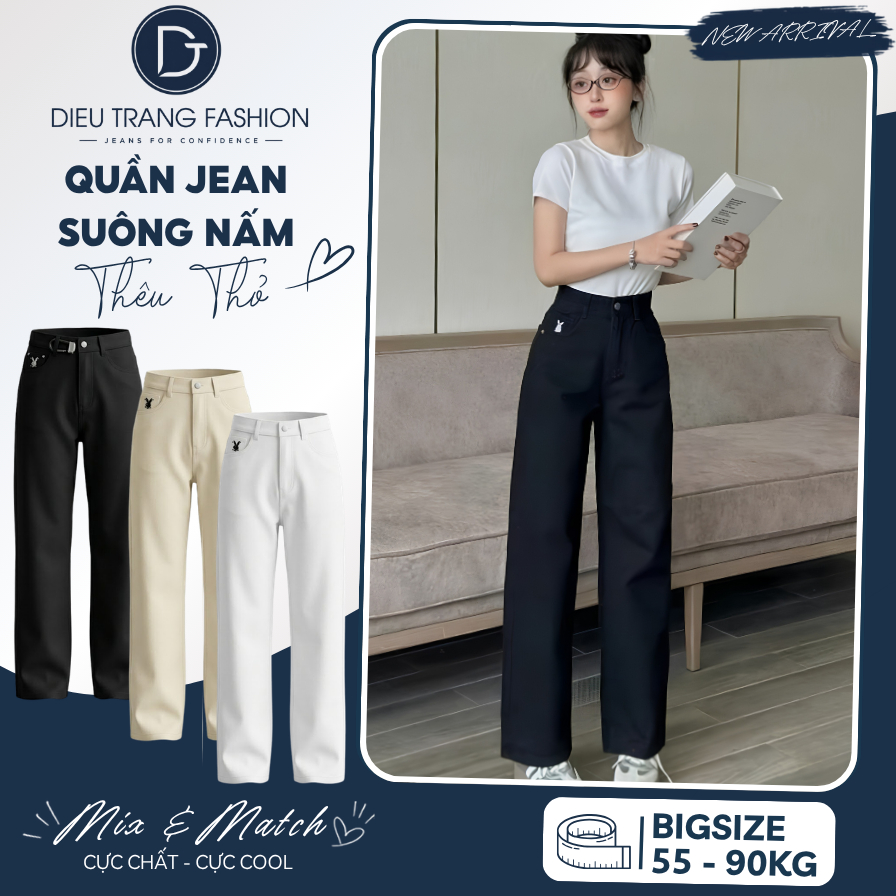 Quần Kaki Nữ Suông Ống Rộng Quần Jean Lưng Cao Thêu Thỏ Suông Dài 100cm Diệu Trang Fashion QC5045