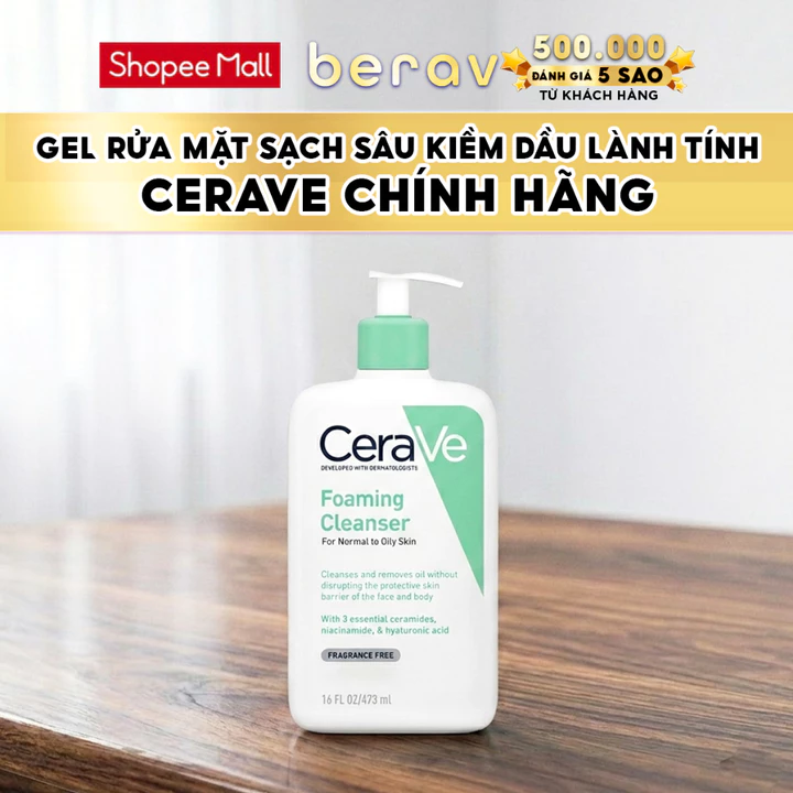Sữa Rửa Mặt Cerave giúp làm sạch sâu dành cho da dầu Cerave Foaming Facial Cleanser 473ML - Xanh Lá Mạ