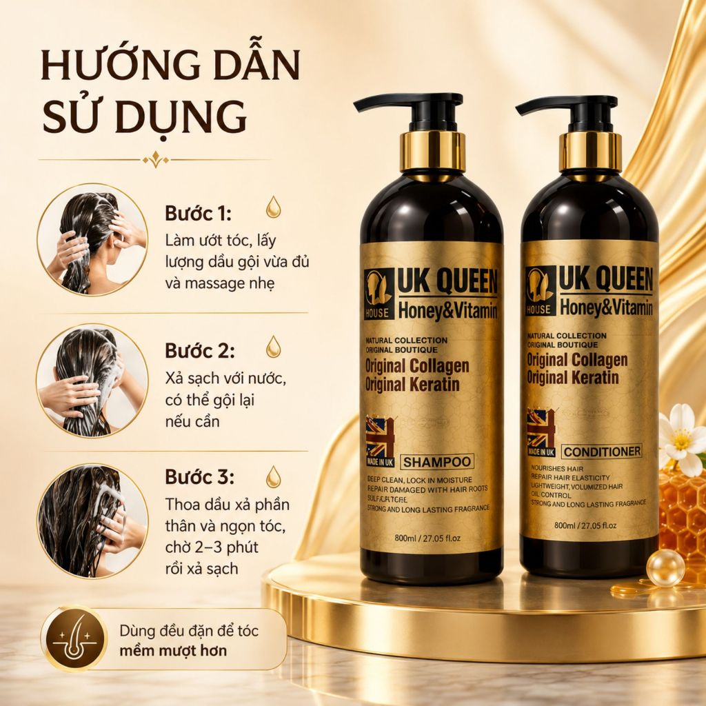 Dầu Gội Dầu Xả UK QUEEN Honey & Vitamin 800ml Cho Tóc Khô Xơ, Hư Tổn, Hỗ Trợ Giảm Gãy Rụng