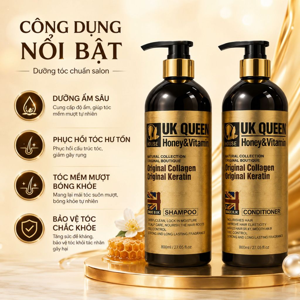 Dầu Gội Dầu Xả UK QUEEN Honey & Vitamin 800ml Cho Tóc Khô Xơ, Hư Tổn, Hỗ Trợ Giảm Gãy Rụng
