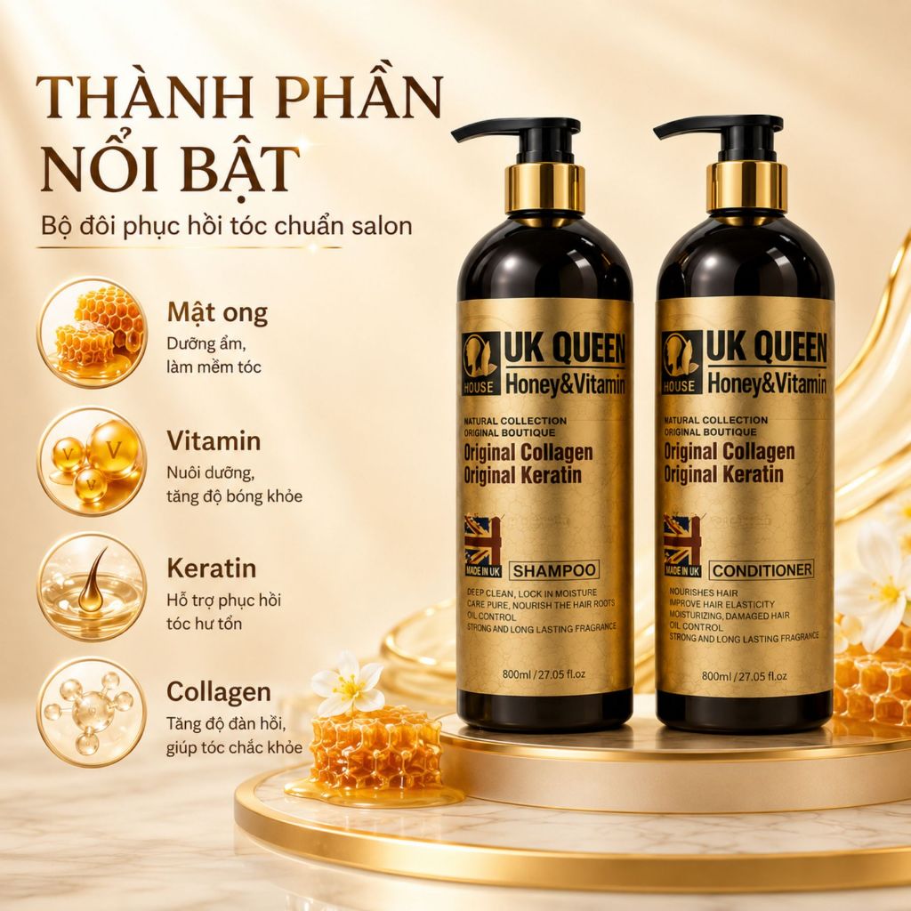 Dầu Gội Dầu Xả UK QUEEN Honey & Vitamin 800ml Cho Tóc Khô Xơ, Hư Tổn, Hỗ Trợ Giảm Gãy Rụng