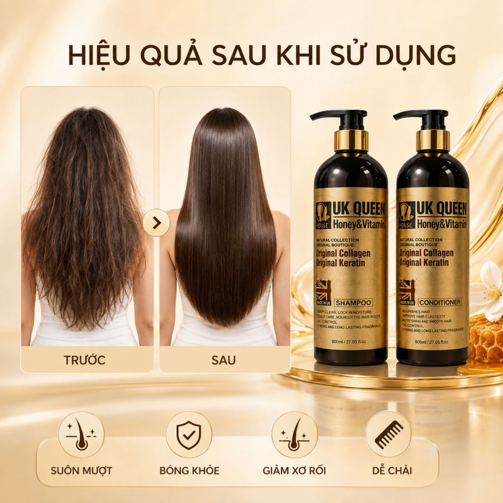 Dầu Gội Dầu Xả UK QUEEN Honey & Vitamin 800ml Cho Tóc Khô Xơ, Hư Tổn, Hỗ Trợ Giảm Gãy Rụng